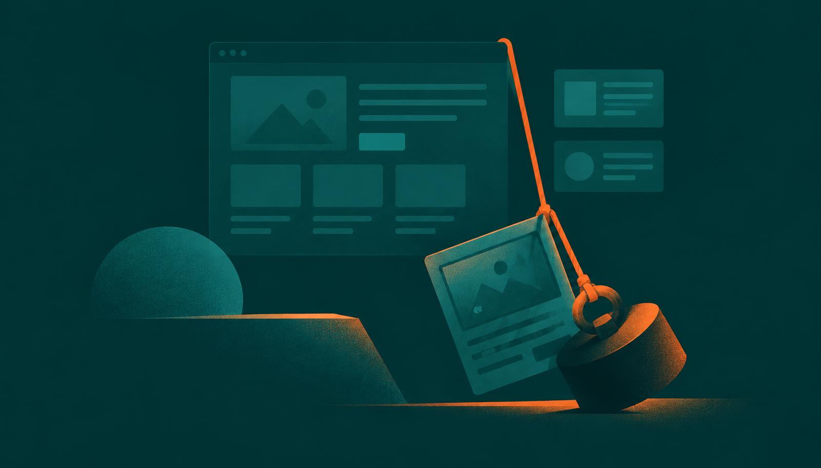 Website-Layout, das von einem orangen Gewicht nach unten gezogen wird