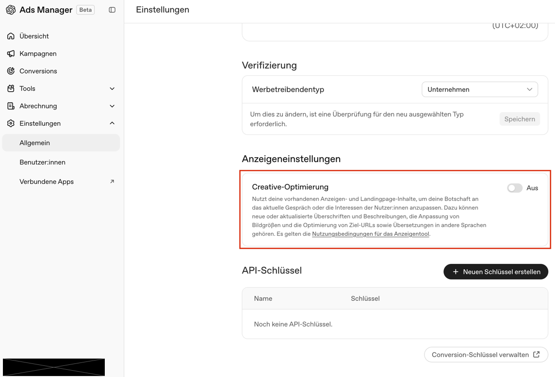ChatGPT Ads Manager: Einstellung „Creative-Optimierung“ unter Anzeigeneinstellungen