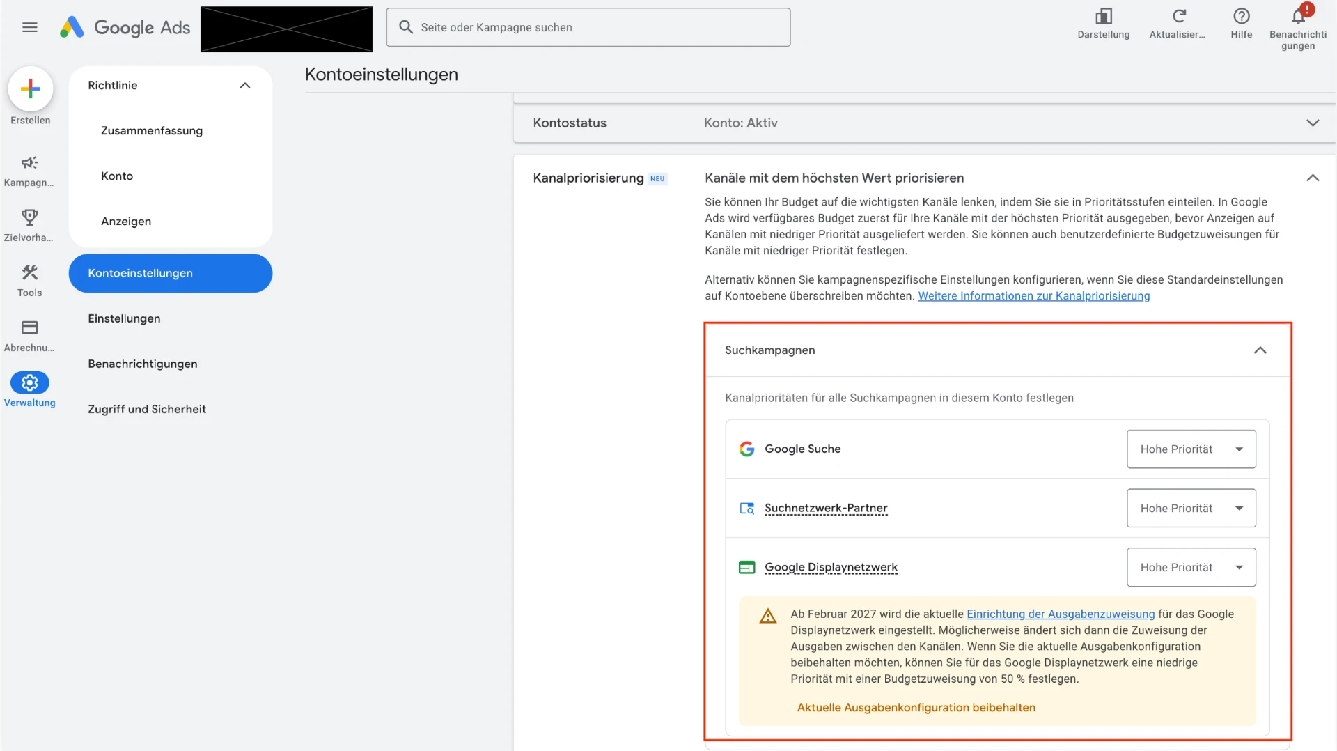 Google Ads: Kanalpriorisierung in den Kontoeinstellungen für Suchkampagnen