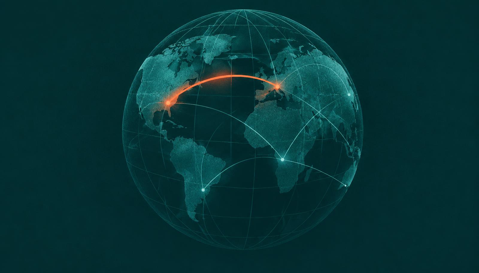 Globus mit Verbindungsbögen, ein Bogen leuchtet orange
