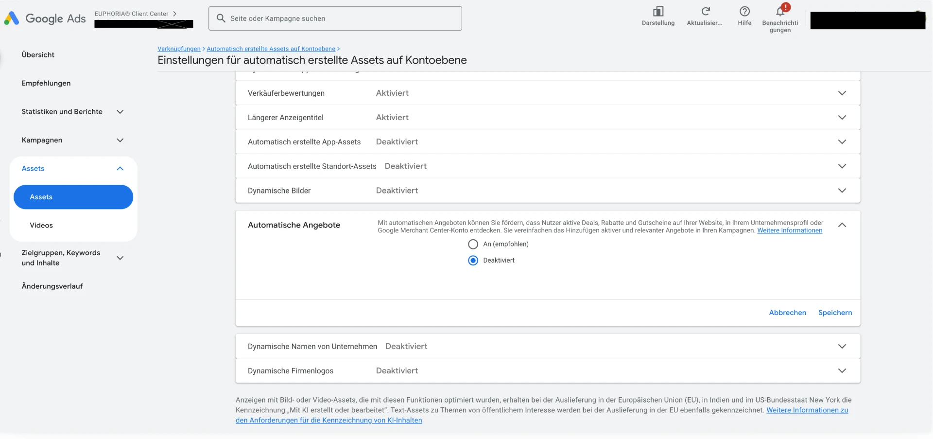 Google Ads: Einstellung „Automatische Angebote“ deaktivieren