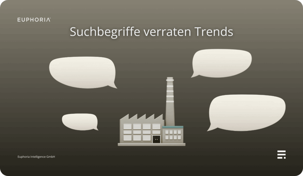 Grafik „Suchbegriffe verraten Trends“ mit Fabrik und Sprechblasen auf dunklem Hintergrund zur Analyse von Google-Ads-Suchtrends