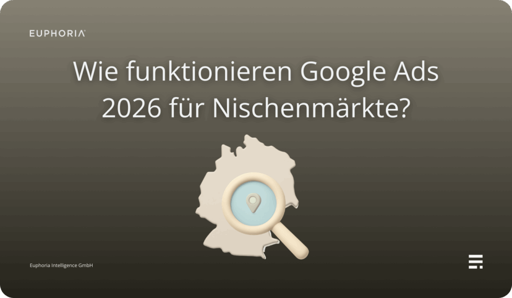 Titelbild „Wie funktionieren Google Ads 2026 für Nischenmärkte?“ mit Deutschlandkarte und Lupe auf dunklem Hintergrund